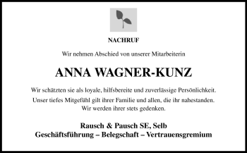 Traueranzeige von Anna Wagner-Kunz von Frankenpost