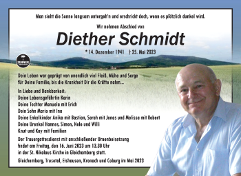 Traueranzeige von Diether Schmidt von Südthüringer Presse