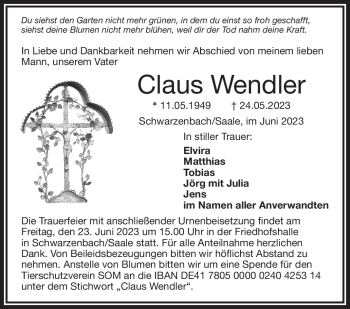 Traueranzeige von Claus Wendler von Frankenpost
