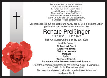 Traueranzeige von Renate Preißinger von Frankenpost