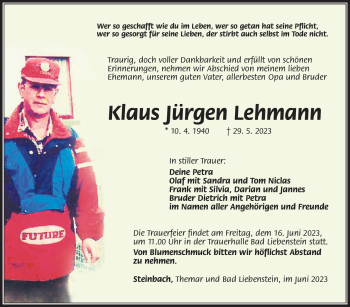 Traueranzeige von Klaus Jürgen Lehmann von Südthüringer Presse