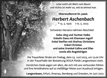 Traueranzeige von Herbert Aschenbach von Südthüringer Presse
