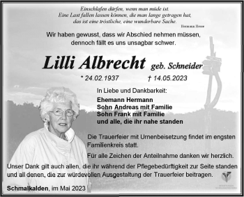 Traueranzeige von Lilli Albrecht von Südthüringer Presse