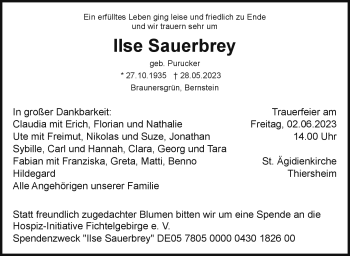 Traueranzeige von Ilse Sauerbrey von Frankenpost