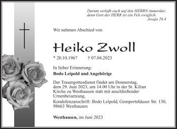 Traueranzeige von Heiko Zwoll von Südthüringer Presse