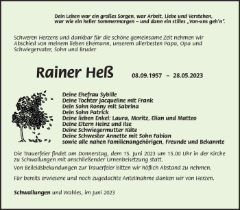 Traueranzeige von Rainer Heß von Südthüringer Presse