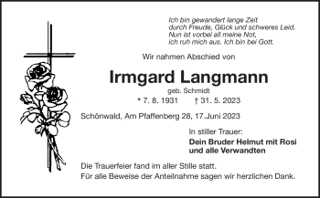Traueranzeige von Irmgard Langmann von Frankenpost