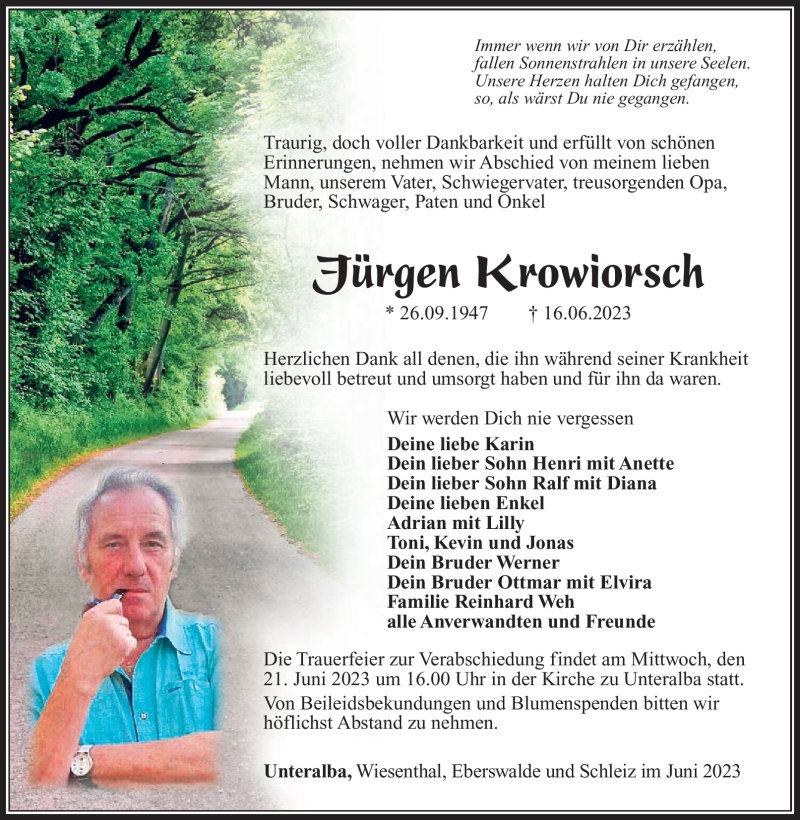  Traueranzeige für Jürgen Krowiorsch vom 19.06.2023 aus Südthüringer Presse