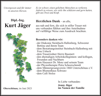 Traueranzeige von Kurt Jäger von Südthüringer Presse