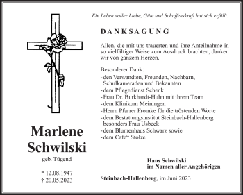 Traueranzeige von Marlene Schwilski von Südthüringer Presse