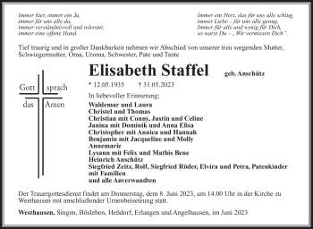 Traueranzeige von Elisabeth Staffel von Südthüringer Presse
