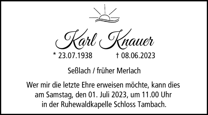  Traueranzeige für Karl Knauer vom 24.06.2023 aus Neue Presse Coburg