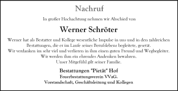 Traueranzeige von Werner Schröter von Frankenpost