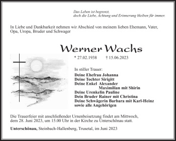 Traueranzeige von Werner Wachs von Südthüringer Presse