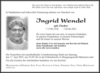 Traueranzeige von Ingrid Wendel von Südthüringer Presse