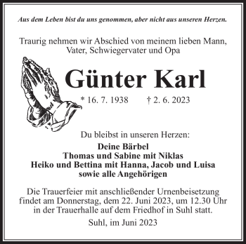 Traueranzeige von Günter Karl von Südthüringer Presse