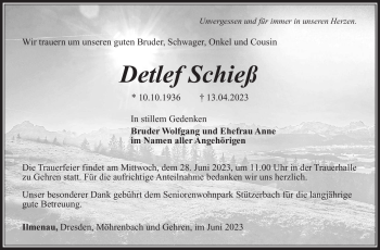 Traueranzeige von Detlef Schieß von Südthüringer Presse