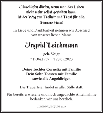 Traueranzeige von Ingrid Teichmann von Südthüringer Presse