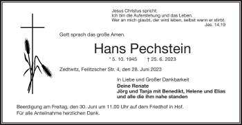 Traueranzeige von Hans Pechstein von Frankenpost