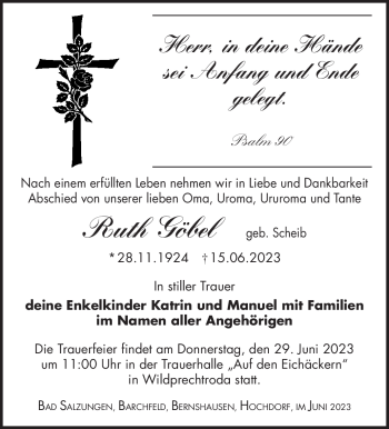 Traueranzeige von Ruth Göbel von Südthüringer Presse