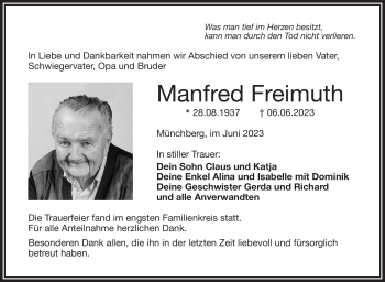 Traueranzeige von Manfred Freimuth von Frankenpost