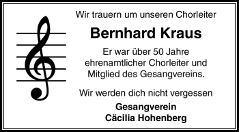 Traueranzeige von Bernhard Kraus von Frankenpost