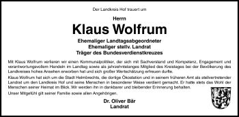 Traueranzeige von Klaus Wolfrum von Frankenpost