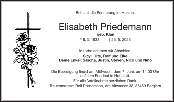 Traueranzeige von Elisabeth Priedemann von Frankenpost