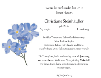 Traueranzeige von Christiane Steinhäußer von Frankenpost