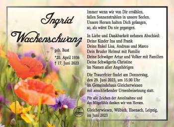 Traueranzeige von Ingrid Wachenschwanz von Südthüringer Presse