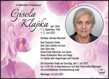 Traueranzeige von Gisela Klapka von Südthüringer Presse