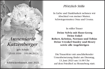 Traueranzeige von Annemarie Katzenberger von Südthüringer Presse