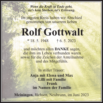 Traueranzeige von Rolf Gottwalt von Südthüringer Presse