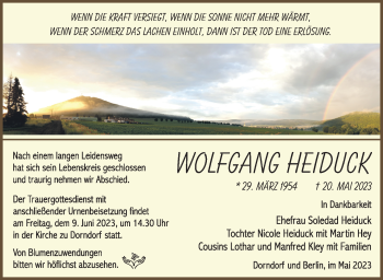 Traueranzeige von Wolfgang Heiduck von Südthüringer Presse