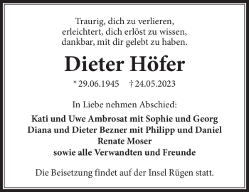 Traueranzeige von Dieter Höfer von Südthüringer Presse
