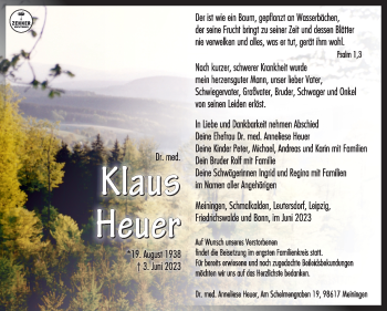 Traueranzeige von Klaus Heuer von Südthüringer Presse