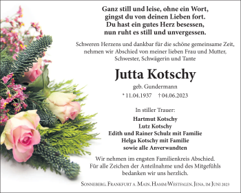 Traueranzeige von Jutta Kotschy von Südthüringer Presse