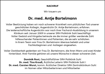 Traueranzeige von Antje Bartelmann von Südthüringer Presse