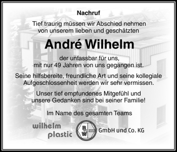 Traueranzeige von André Wilhelm von Südthüringer Presse