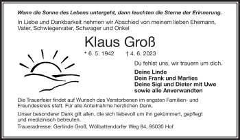 Traueranzeige von Klaus Groß von Frankenpost