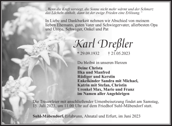 Traueranzeige von Karl Dreßler von Südthüringer Presse