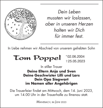 Traueranzeige von Tom Poppel von Südthüringer Presse