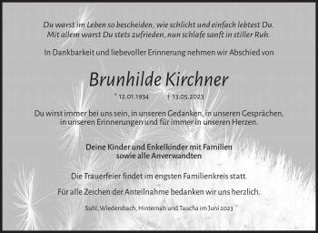 Traueranzeige von Brunhilde Kirchner von Südthüringer Presse