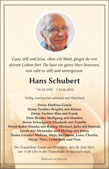 Traueranzeige von Hans Schubert von Südthüringer Presse