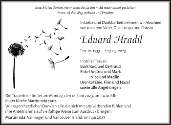 Traueranzeige von Eduard Hradil von Südthüringer Presse