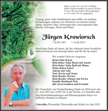 Traueranzeige von Jürgen Krowiorsch von Südthüringer Presse
