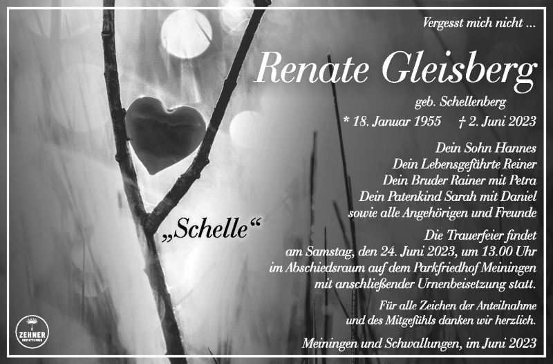  Traueranzeige für Renate Gleisberg vom 17.06.2023 aus Südthüringer Presse