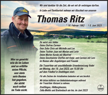 Traueranzeige von Thomas Ritz von Südthüringer Presse