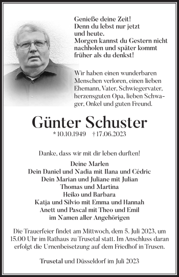 Traueranzeige von Günter Schuster von Südthüringer Presse