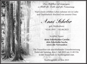 Traueranzeige von Anni Scheler von Südthüringer Presse